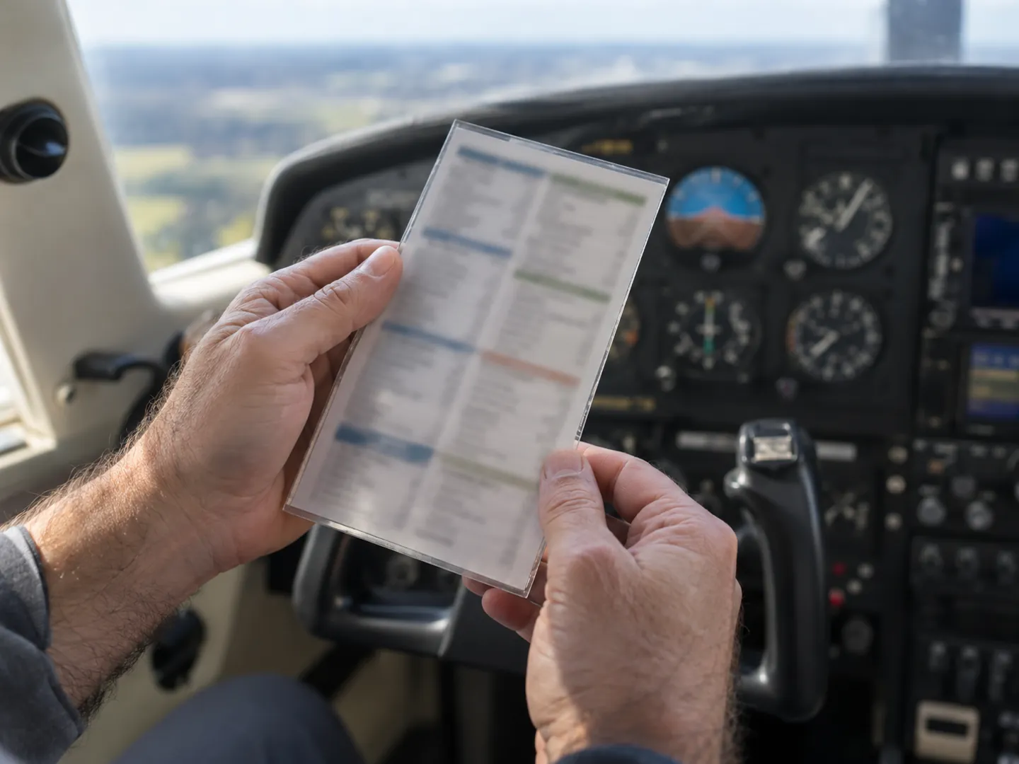 A pilot's hands in a small aircraft cockpit holding a laminated checklist card, the instruments softly out of focus