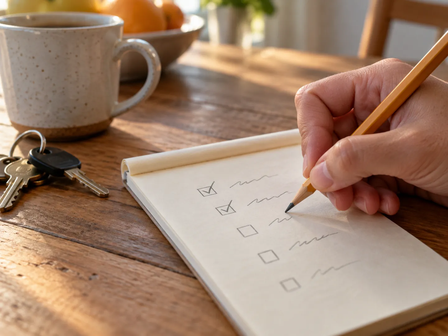 A hand with a pencil ticking boxes on a short handwritten list on a notepad on a wooden kitchen table