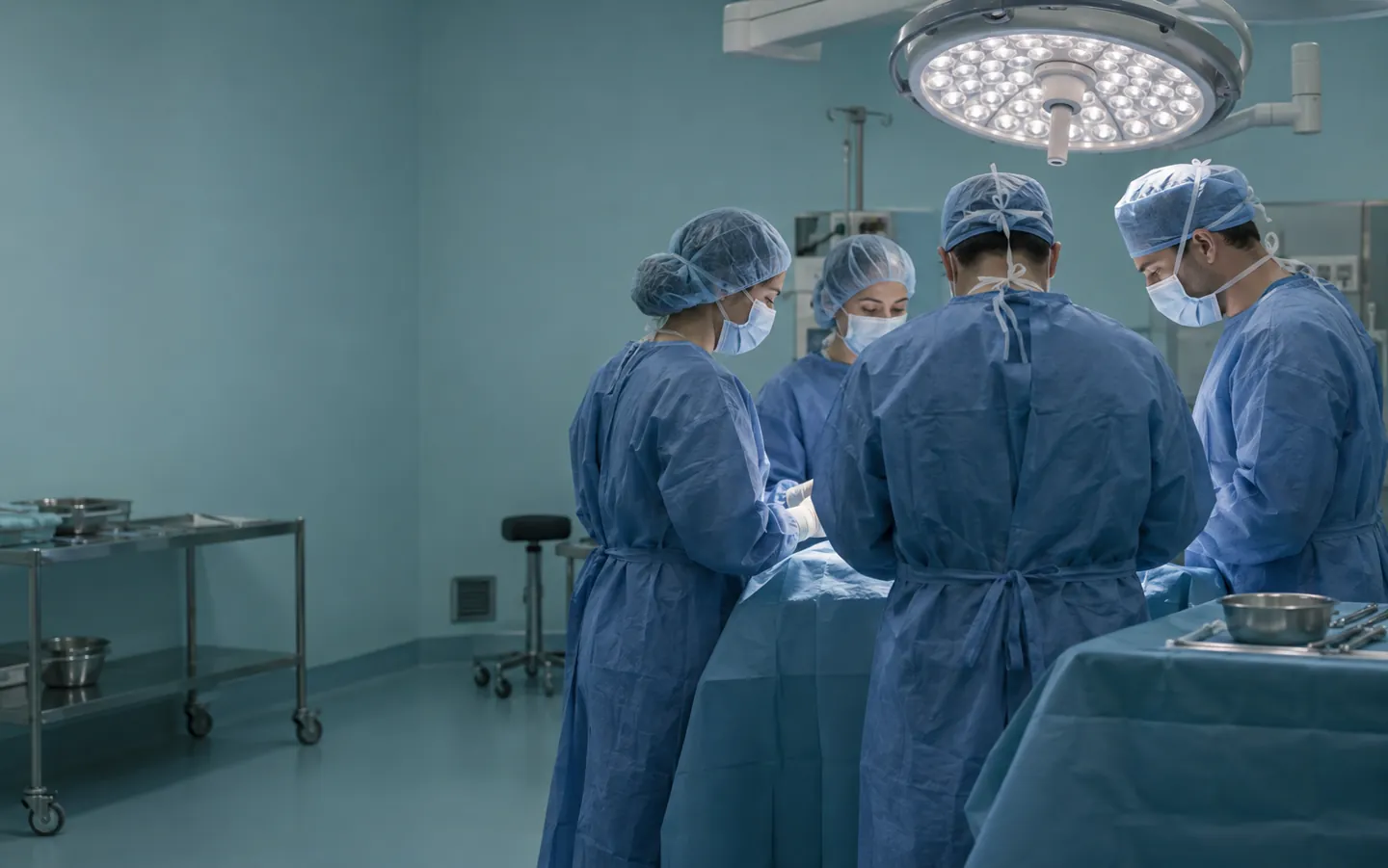 An operating theatre team in caps and masks gathered around the table for a short pause before an operation, seen from behind